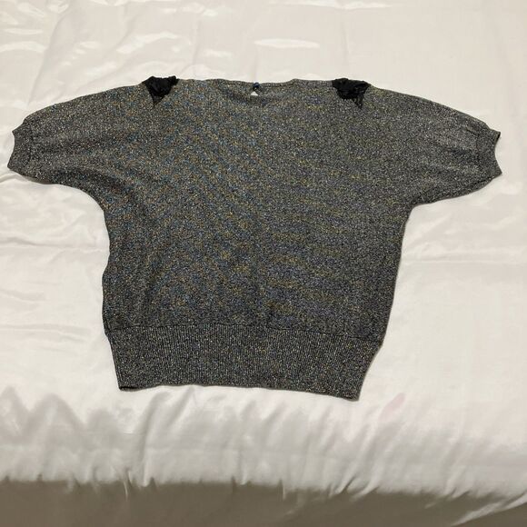 Vintage 80s Beaded Sweater Iridescent Floral Embroidered Party Dolman Sleeve - Picture 7 of 8